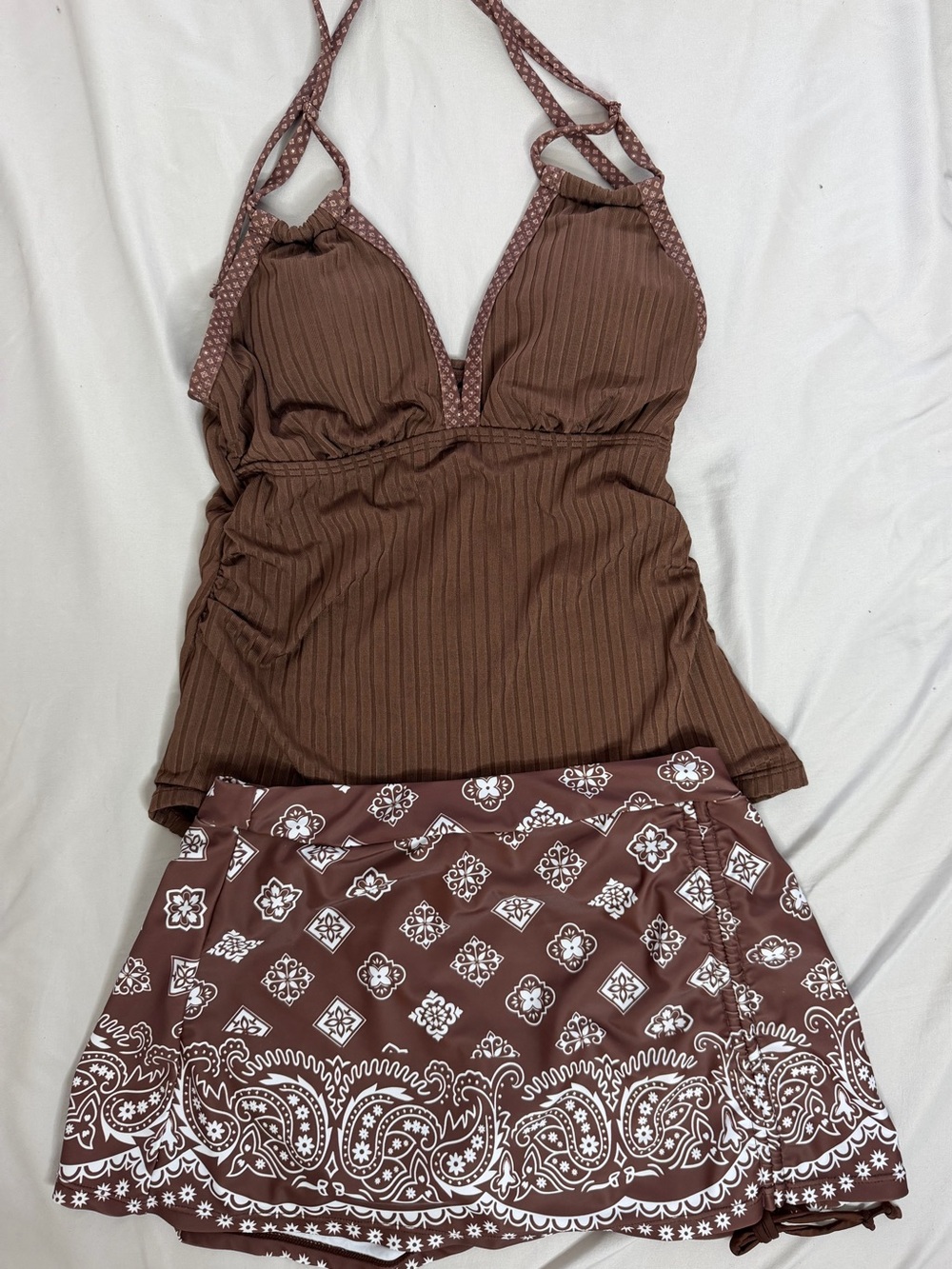 Brown Ribbed Halter Tankini with Bandana Print Skirted Bottom